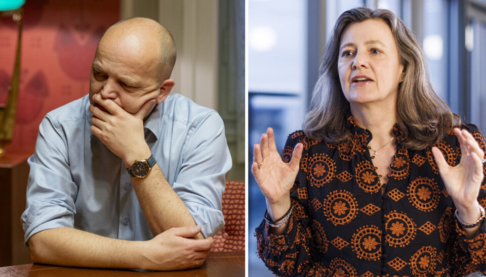 Finansminister Trygve Slagsvold Vedum (Sp) og administrerende direktør i Finans Norge, Kari Olrud Moen.