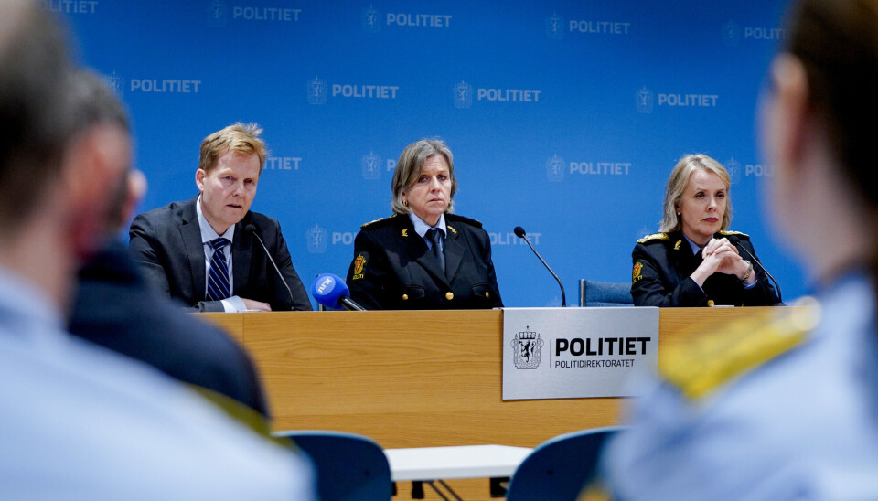 Økokrim sjef Pål Lønseth, Kripos sjef Kristin Kvigne og politidirektør Benedicte Bjørnland under presentasjonen av Politiets trusselvurdering 2024.