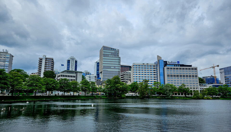 Midt i bildet står det nye K8-bygget i Stavanger sentrum.