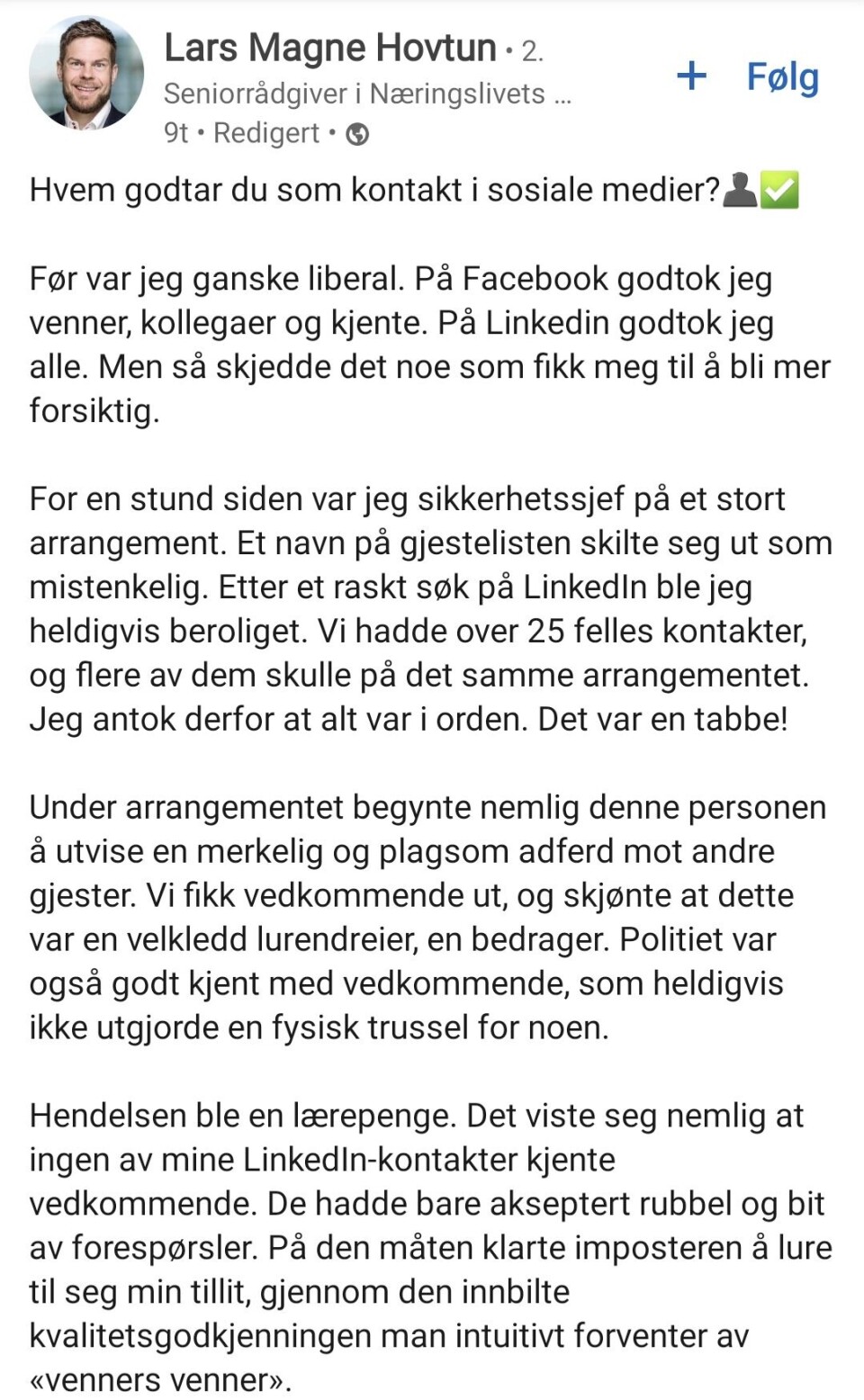Hovtuns innlegg på det sosiale mediet Linkedin.