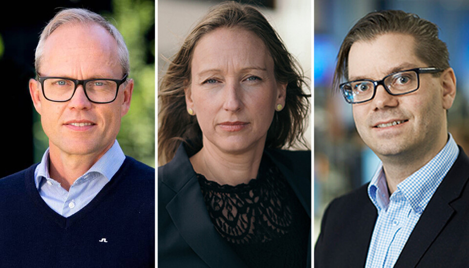 Sjeføkonom i Sparebank 1 SR-Bank, Kyrre M. Knudsen, sjeføkonom Kjersti Haugland i DNB og sjeføkonom Marius Gonsholt Hov i Handelsbanken.