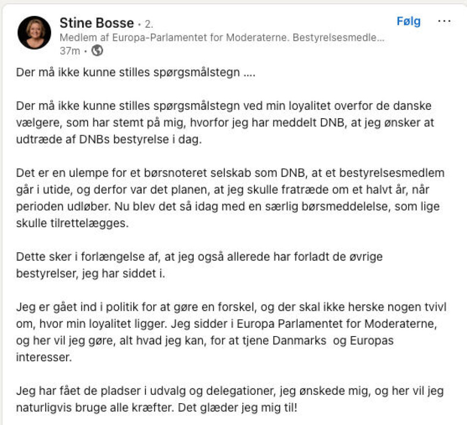 Stine Bosses Linkedin-post om fratredelsen ble publisert denne morgenen.
