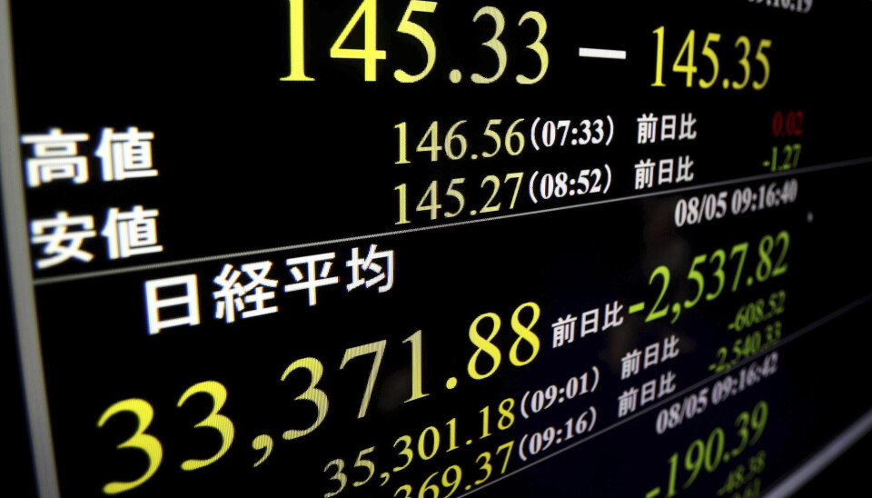 En skjerm viser Nikkei 225-indeksen i Tokyo, mandag 5. august 2024, som på et tidspunkt indikerer en nedgang på over 2 537 poeng.