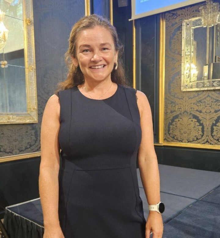 Administrerende direktør i Sparebank 1 Østlandet, Klara Lise Aasen, under kvartalspresentasjonen på Grand Hotel i Oslo.
