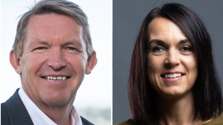 Banksjef Dag Sandstå i Tysnes Sparebank og administrerende banksjef Bente Haraldson Syre i Haugesund Sparebank.