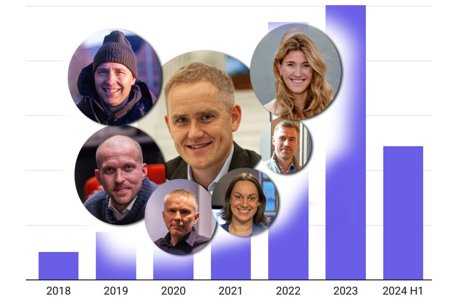 De syv folkefinansieringsaktørene. I midten: Geir Atle Bore (Fundingpartner). Rundt ham f.v. Lars Hafstad (Perx), Kristian Gjerde Løkken (Oblinor), Bjørn Kjetil Hellestræ (Spleis), Stine Sofie Grindheim Simonsen (Dealflow). Sebastian Harung (Kameo) og Amalie Holt (Folkeinvest)