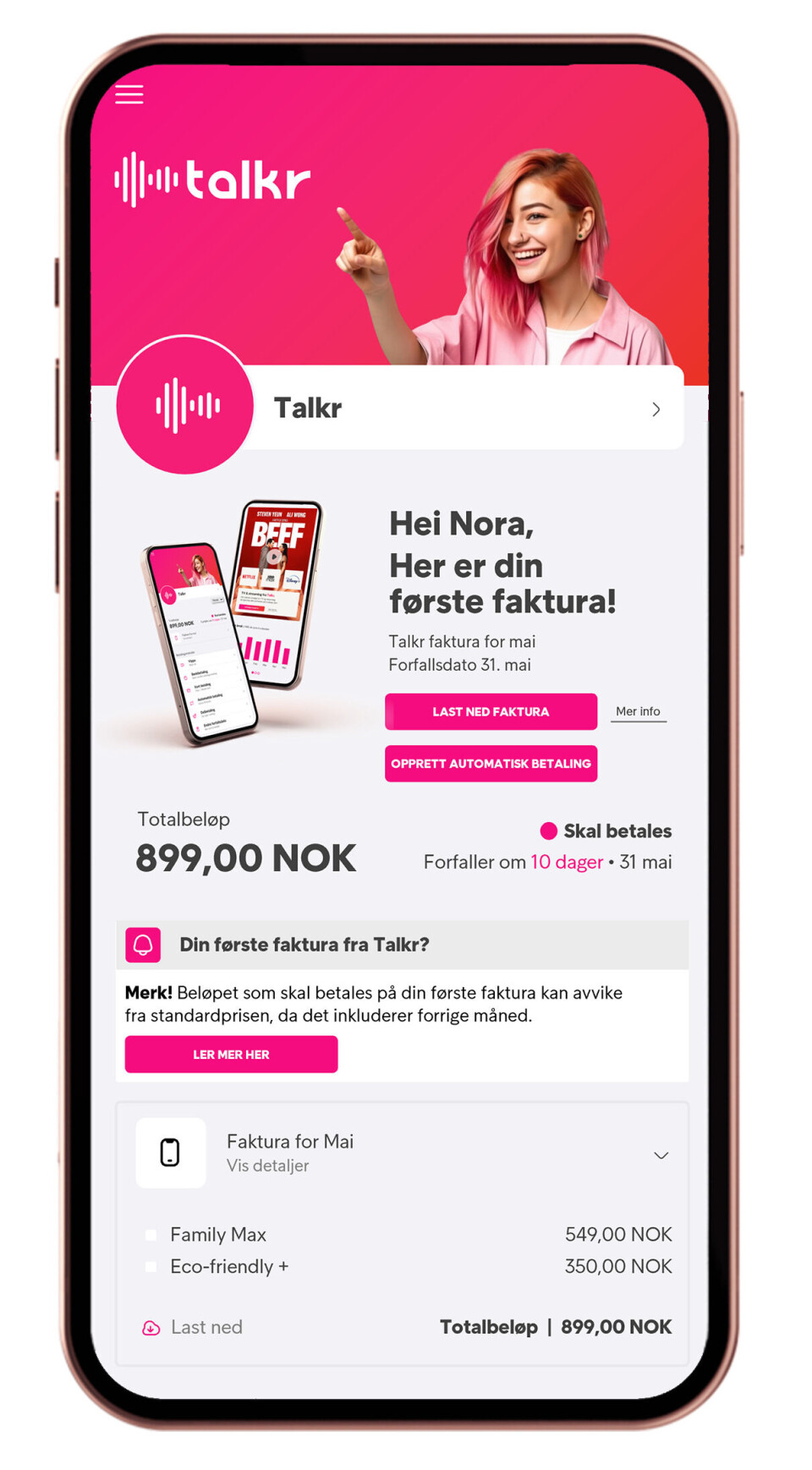 Slik skulle en Inio-basert app-løsning fra Intrum kunne se ut, om det fiktive telekomselskapet Talkr fantes i virkeligheten,
