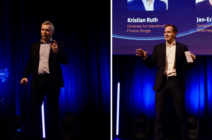 Jan-Erik Nerdal, seksjonsleder i Brønnøysundregistrene, og Kristian Ruth, direktør for bærekraft i Finans Norge, på scenen under Sparebankdagene
