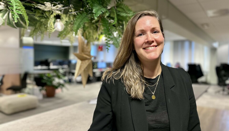 Konserndirektør personmarked Camilla Leikvoll i Storebrand Bank. Her fra et juledekorert kontort på Lysaker.