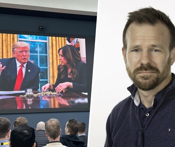 KI trenger ikke bare gjøre skade, det kan også få en til å trekke på smilebåndet. Til venstre ser du et KI-generert bilde av USAs president Donald Trump og hans presidentkampanje-rival Kamala Harris føre en hyggelig samtale over et syltetøyglass med marihuana. Til høyre: Eskil Grendahl Sivertsen, spesialrådgiver ved Forsvarets forskningsinstitutt