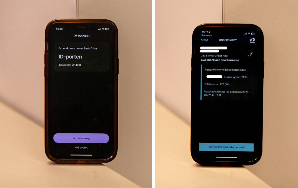BankID BankAxept ønsker at den norske BankID-løsningen (t.v.) skal bli mer lik den svenske, som inneholder mer informasjon om hva brukeren faktisk godkjenner. BankID BankAxept ønsker at den norske BankID-løsningen (t.v.) skal bli mer lik den svenske.