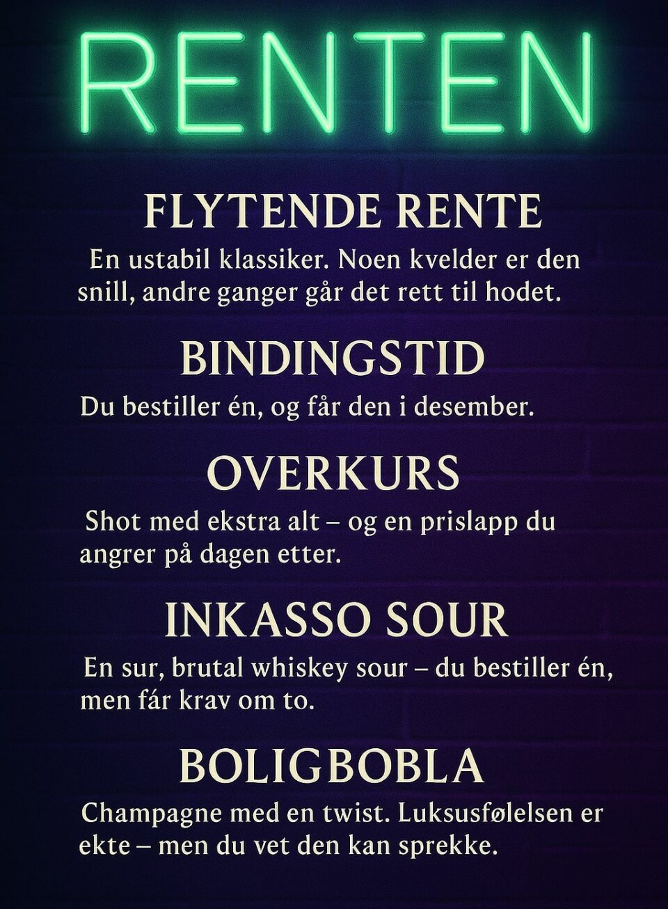 Bulders nattklubb RENTEN, og deres drink-liste.