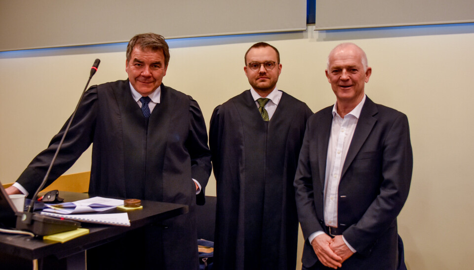 Fra venstre: Advokat, Henning Harborg, advokat, Anders Eide Røyneberg og Sparebank 1 Utviklings partsrepresentant i retten, Øyvind Aass.