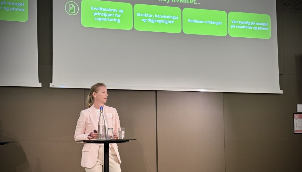 Deloitte-direktør Kjersti Okstad understreket viktigheten av kvalitet, sammenheng og brukertilpasset informasjon i bærekraftsrapporteringen da hun holdt innlegg under Bærekraftskonferansen. Deloitte-direktør Kjersti Okstad understreket viktigheten av kvalitet, sammenheng og brukertilpasset informasjon i bærekraftsrapporteringen da hun holdt innlegg under Bærekraftskonferansen.