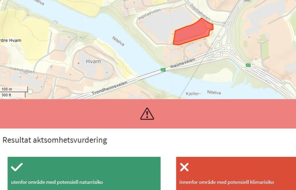 Resultatet av en aktsomhetsvurdering. Dette prosjektet ligger utenfor område med potensiell naturrisko, men har blitt flagget for potensiell klimarisiko. I dette tilfellet har prosjektet blitt flagget da det ligger innenfor et risikoområde for kvikkleire. Resultatet av en aktsomhetsvurdering. Dette prosjektet ligger utenfor område med potensiell naturrisko, men har blitt flagget for potensiell klimarisiko. I dette tilfellet har prosjektet blitt flagget da det ligger innenfor et risikoområde for kvikkleire.