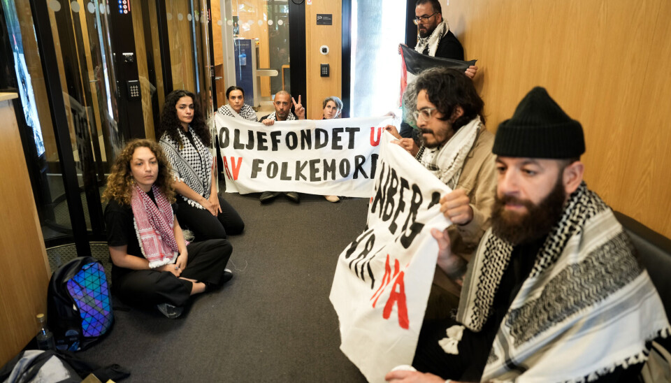 Aksjonsgruppen for Palestina og Palestinakomiteen i Norge holdt en aksjon inne i resepsjonen i Finansdepartementet.