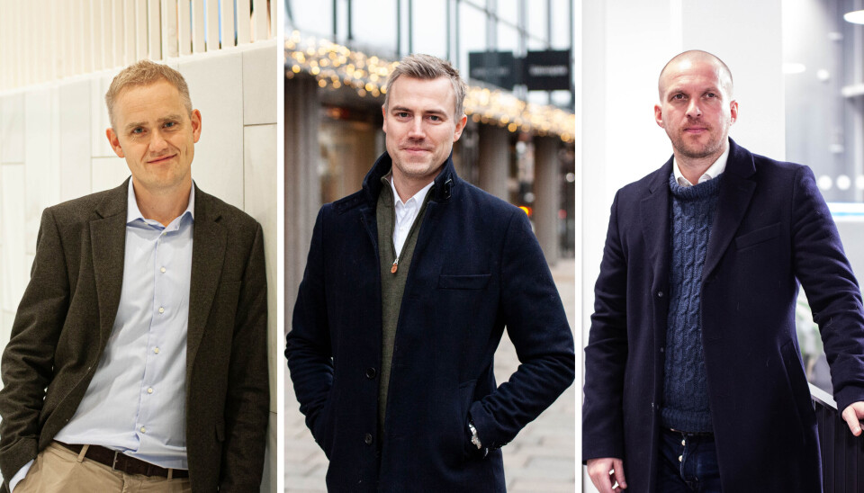 Tviler på Stoltenbergs løfter: F.v Geir Atle Borg, daglig leder i Fundingpartner, Sebastian Martens Harung, daglig leder i Kameo og Kristian Gjerde Løkken, daglig leder i Oblinor.