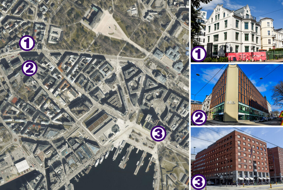 1. De nye lokalene til Sparebank 1 Norge i Oslo. 2. Hovedkontoret til Eika Gruppen. 3. Oslofjord Sparebank har kontor i 7. etasje i nabobygget til rådhuset i Oslo. Parken i toppen av kartet er Slottsparken.