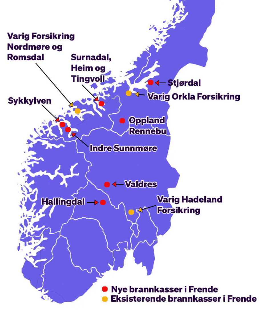Brannkassene som går over til Frende og brannkassene som gikk til Frende i 2021.