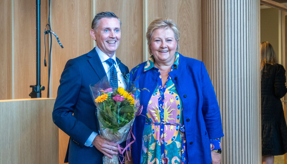 Administrerende direktør i Sparebank i Sogn og Fjordane, Trond Teigene og partileder for Høyre, Erna Solberg.