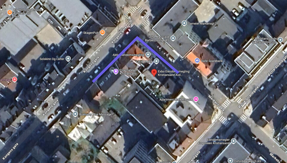 Flekkefjord Sparebank går inn i dette hjørnet av Kristiansand. Rød markør på Exbo Eiendomsmegling i Markensgate 3A. Til venstre er Kongensgate 8. Midt i skvisen, i Markensgate 3B, ligger Aktiv Eiendomsmegling.
