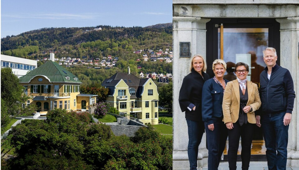 Stine Fiksdal i VIS, Kristin Odfjell i Farvatn, Lisbet K. Nærø i Fana Sparebank og Johan Odvar Odfjell i Farvatn - sammen med illustrasjon av husene.